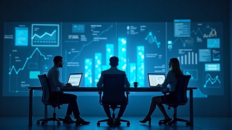 Photorealistic Solana data hub with streaming blocks, analysts at a desk, translucent dashboards and blue glow.