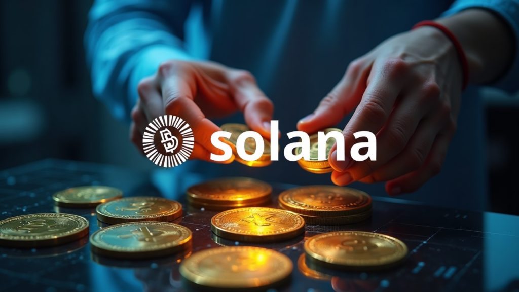 Shiny USDC coins over a Solana logo against a ledger grid, hands transferring tokens to show liquidity in Solana DeFi.