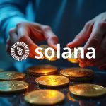 Shiny USDC coins over a Solana logo against a ledger grid, hands transferring tokens to show liquidity in Solana DeFi.