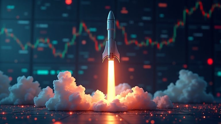 Photorealistic header showing a SpaceX rocket above a ticker with SPCXon tokens on Solana, Ethereum, and BNB Chain.