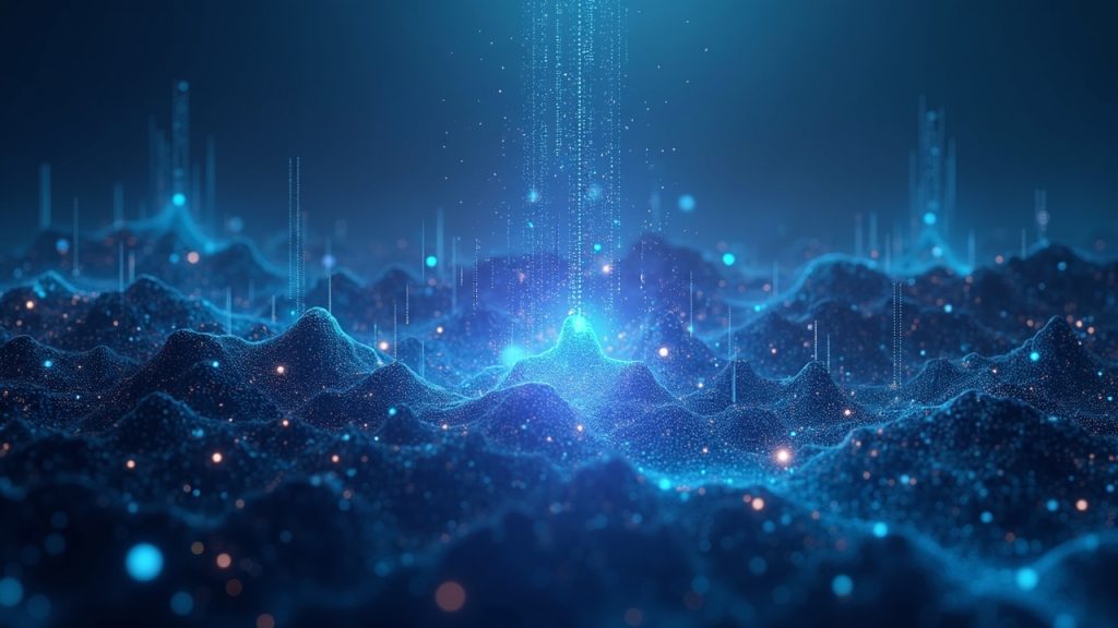 Futuristic cityscape with AI agents and flowing coins, showcasing gasless transfers on a transparent blockchain with the Sui logo.