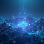Futuristic cityscape with AI agents and flowing coins, showcasing gasless transfers on a transparent blockchain with the Sui logo.