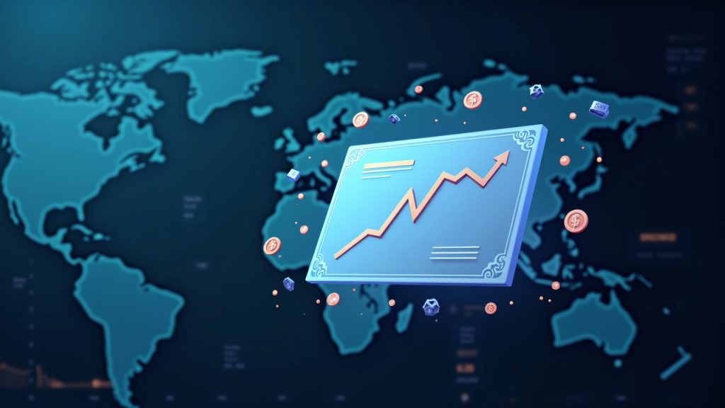 Floating digital stock certificate with crypto icons, glass ticker, and world map symbolizing tokenized equities.