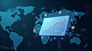 Floating digital stock certificate with crypto icons, glass ticker, and world map symbolizing tokenized equities.