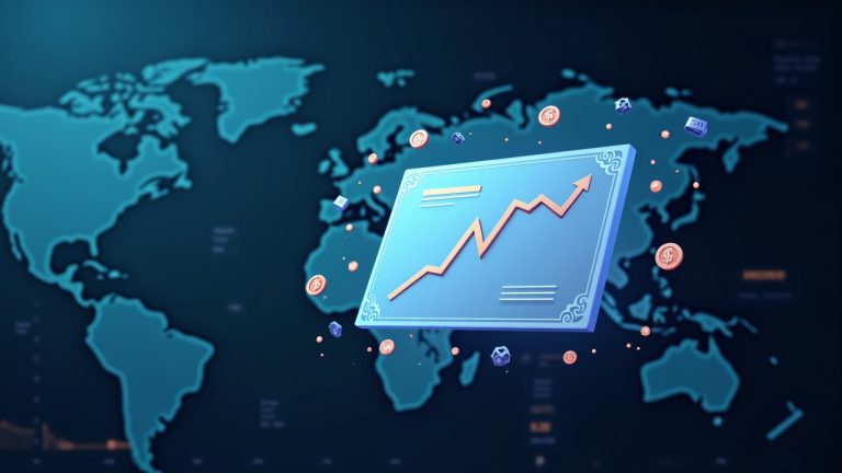 Floating digital stock certificate with crypto icons, glass ticker, and world map symbolizing tokenized equities.
