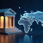 Traditional bank interconnected with glowing Solana network map symbolizing fast global cross-border payments.