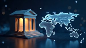 Traditional bank interconnected with glowing Solana network map symbolizing fast global cross-border payments.
