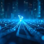 Photorealistic Tron motif with glowing blue data streams converging to 285 TPS in a modern newsroom.