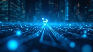 Photorealistic Tron motif with glowing blue data streams converging to 285 TPS in a modern newsroom.