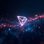 Photorealistic header featuring a central TRON logo, glowing data streams, and USDT coins in a fast blockchain corridor.