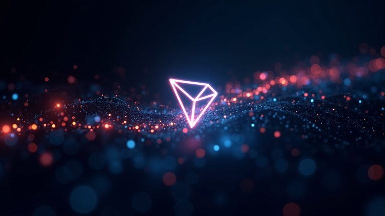 Photorealistic header featuring a central TRON logo, glowing data streams, and USDT coins in a fast blockchain corridor.