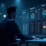 Futuristic finance operator at a sleek desk with tron lines, usdt dashboards, and a custody vault for fee optimization.