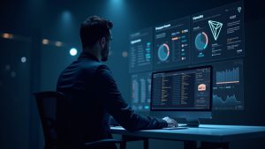 Futuristic finance operator at a sleek desk with tron lines, usdt dashboards, and a custody vault for fee optimization.
