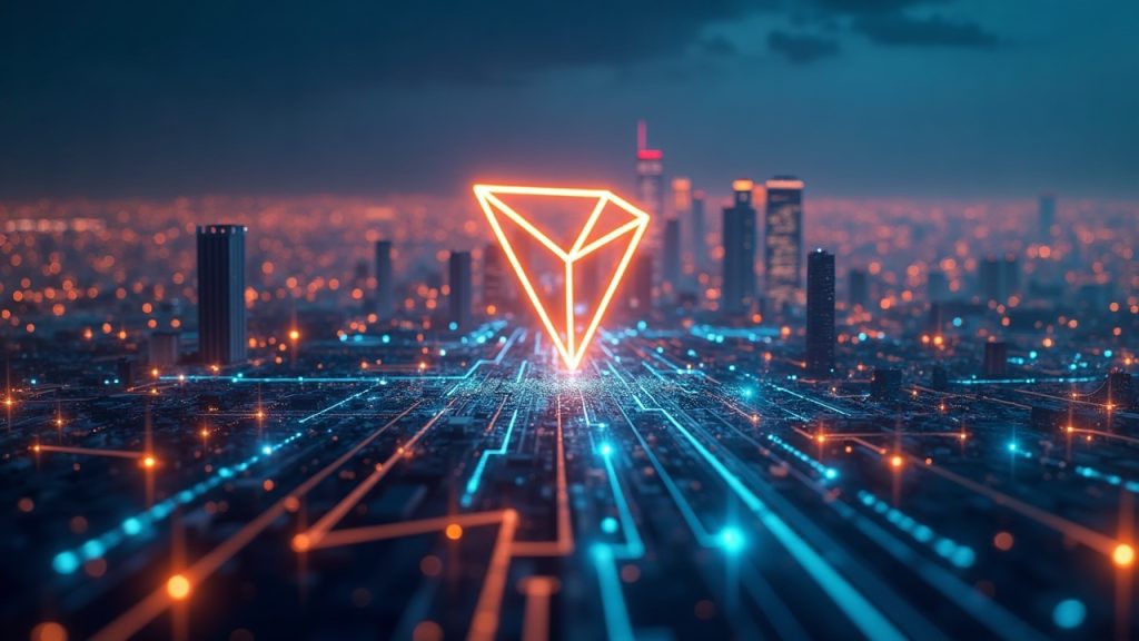 Photorealistic city skyline with a glowing TRON logo, streaming data lines, and USDT coins circulating on a high-throughput settlement network.