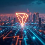 Photorealistic city skyline with a glowing TRON logo, streaming data lines, and USDT coins circulating on a high-throughput settlement network.