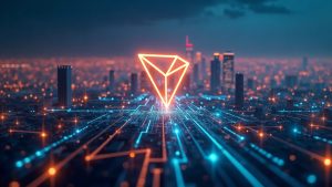 Photorealistic city skyline with a glowing TRON logo, streaming data lines, and USDT coins circulating on a high-throughput settlement network.