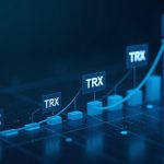 Corporate treasury dashboard showing TRX icons, a rising graph, blue lighting, and a blockchain grid.