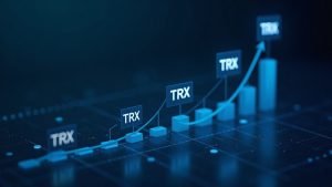 Corporate treasury dashboard showing TRX icons, a rising graph, blue lighting, and a blockchain grid.