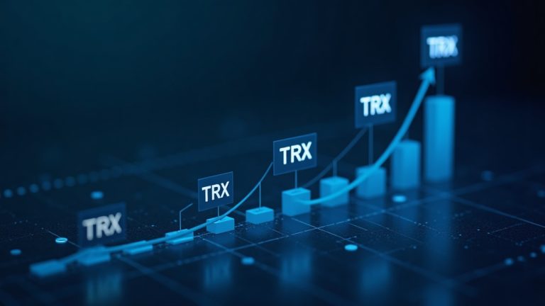 Corporate treasury dashboard showing TRX icons, a rising graph, blue lighting, and a blockchain grid.