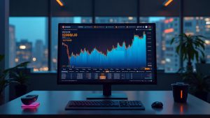 Sleek trading desk with a monitor showing Uniswap on Polygon and a rising $100M volume chart.