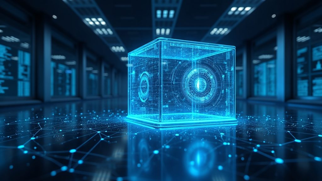 Photorealistic crypto trading floor with a USDC vault hologram, Hyperliquid network.