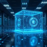 Photorealistic crypto trading floor with a USDC vault hologram, Hyperliquid network.