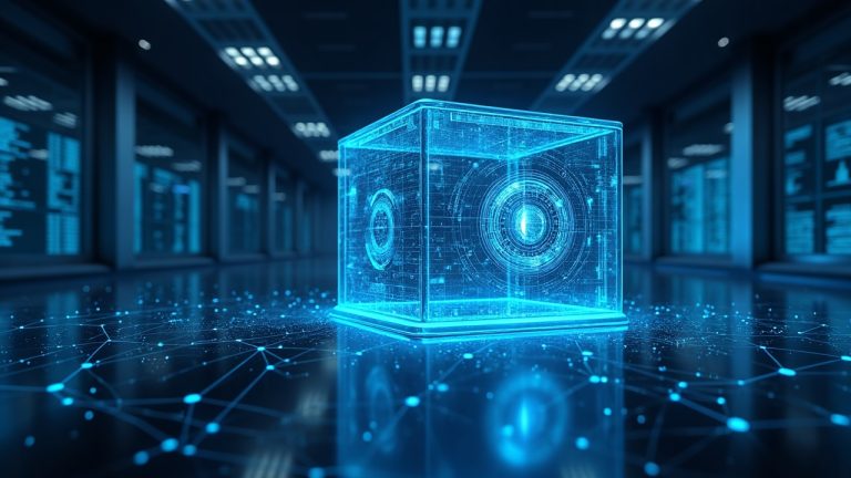 Photorealistic crypto trading floor with a USDC vault hologram, Hyperliquid network.