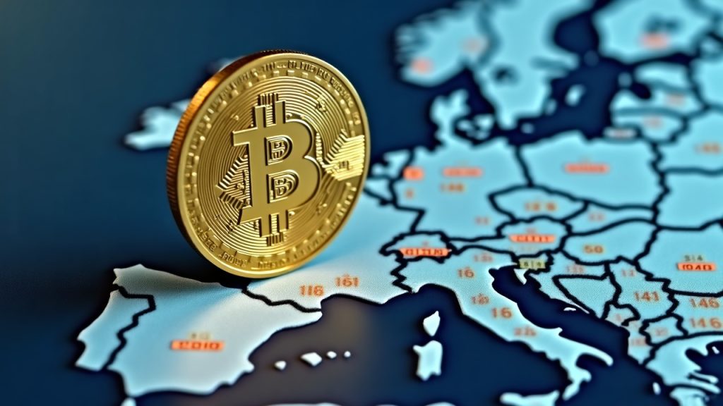 Photorealistic USDT coin above Europe map with July 1, 2026 MiCA badge, signaling regulatory pressure and liquidity risk