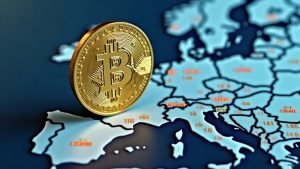 Photorealistic USDT coin above Europe map with July 1, 2026 MiCA badge, signaling regulatory pressure and liquidity risk