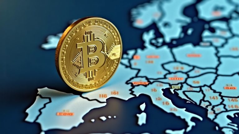 Photorealistic USDT coin above Europe map with July 1, 2026 MiCA badge, signaling regulatory pressure and liquidity risk