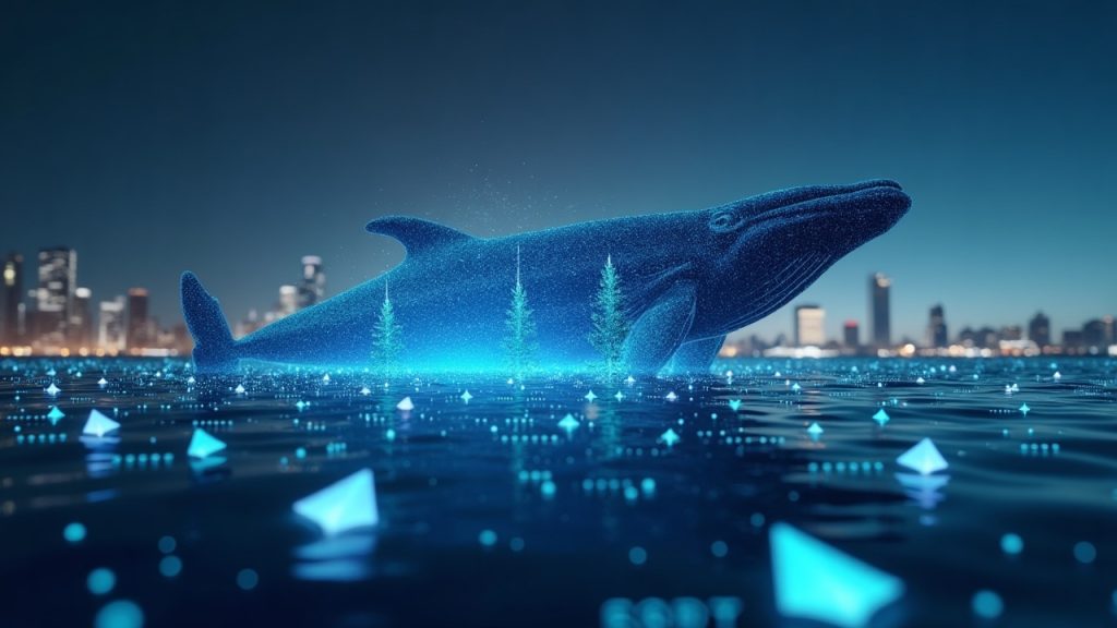 Photorealistic whale silhouette over ETH icons with a translucent USDT loan ledger and DeFi dashboard.