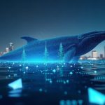 Photorealistic whale silhouette over ETH icons with a translucent USDT loan ledger and DeFi dashboard.