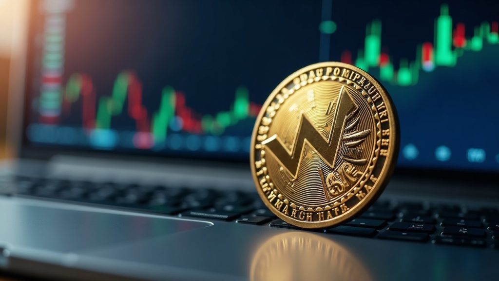 Photorealistic crypto trading desk with a glossy WOJAK token rising beside a digital price chart and a USDT label.