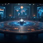 Photorealistic newsroom with Aerodrome at center, Base network map in background, glowing 57% overlay and DEX volume charts signaling dominance