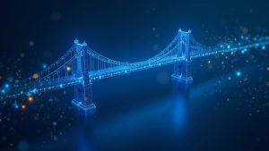 Fortified validator node beside a cross-chain bridge with blue neon glow, USDC and ETH icons, illustrating a $24M exploit.