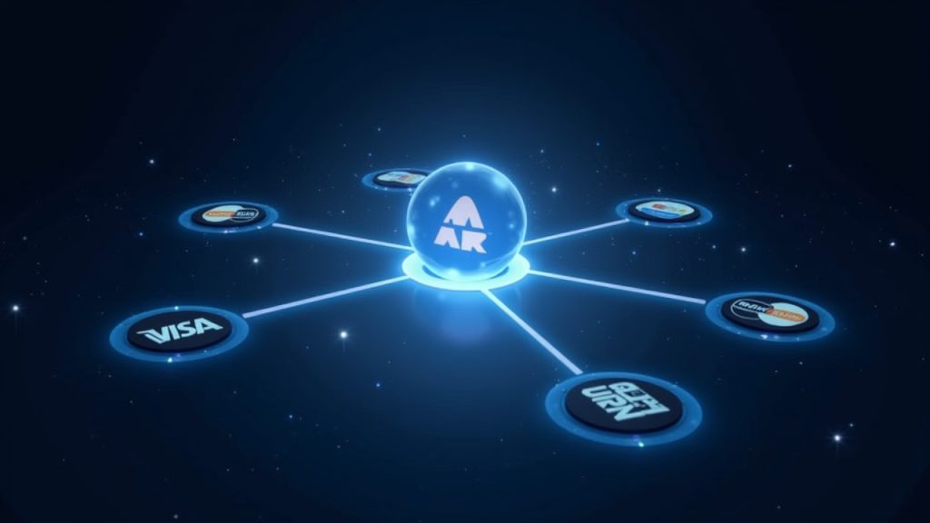 Aptos at center of a glowing OpenUSD network, flanked by Visa, Mastercard, Stripe, and BlackRock logos.