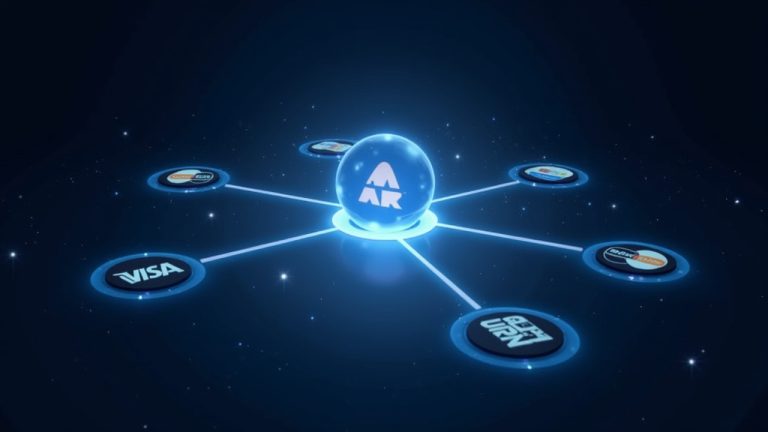 Aptos at center of a glowing OpenUSD network, flanked by Visa, Mastercard, Stripe, and BlackRock logos.