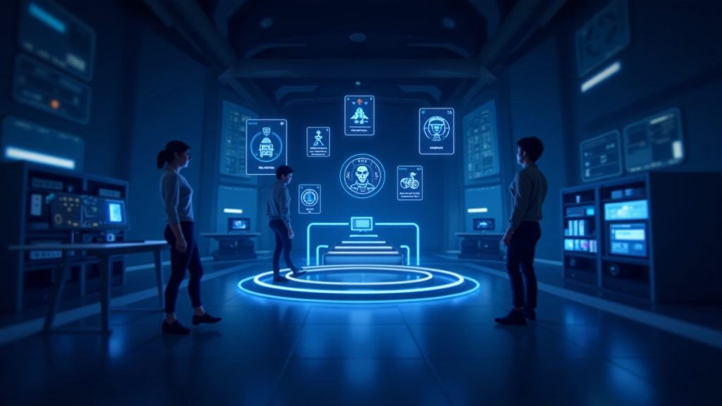 Photorealistic ASI:One Card Playground dashboard with floating cards, AI avatars, and a blue-toned studio.