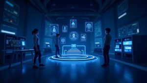 Photorealistic ASI:One Card Playground dashboard with floating cards, AI avatars, and a blue-toned studio.