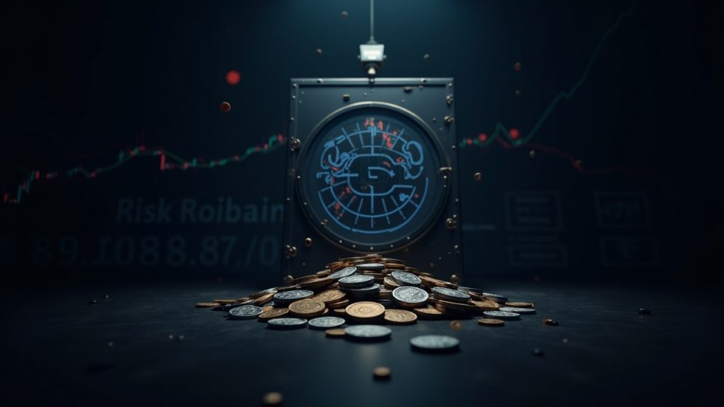 Photorealistic cracked vault draining coins with a falling BLC price chart and blockchain backdrop.