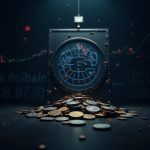 Photorealistic cracked vault draining coins with a falling BLC price chart and blockchain backdrop.