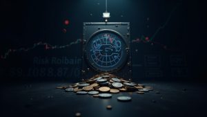 Photorealistic cracked vault draining coins with a falling BLC price chart and blockchain backdrop.