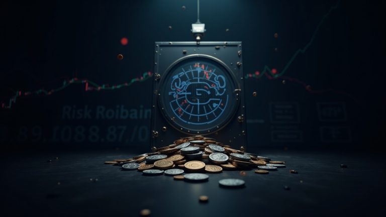 Photorealistic cracked vault draining coins with a falling BLC price chart and blockchain backdrop.