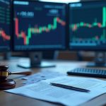 Photorealistic trading desk with crypto screens showing prediction markets, a CFTC document, and a regulatory stamp.