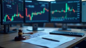 Photorealistic trading desk with crypto screens showing prediction markets, a CFTC document, and a regulatory stamp.