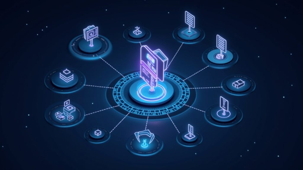 Illustration of autonomous AI agents with glowing wallets and avatars navigating a transparent blockchain on BNB Chain.