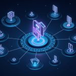 Illustration of autonomous AI agents with glowing wallets and avatars navigating a transparent blockchain on BNB Chain.