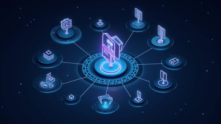 Illustration of autonomous AI agents with glowing wallets and avatars navigating a transparent blockchain on BNB Chain.