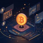 Futuristic Bitcoin centerpiece with negative funding rate indicator, trader silhouette, and digital exchange grid.