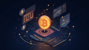 Futuristic Bitcoin centerpiece with negative funding rate indicator, trader silhouette, and digital exchange grid.